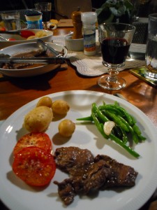 Kangaroo steak, garden beans and slow-roasted tomatoes, local dutch cream potatoes, local wine = happy, happy Jema.