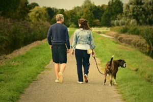 Exchange time walking dogs and tending to other pets while house sitting. Be prepared to go on long daily walks like this couple with the dog!
